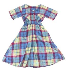 Vintage Chandni Rainbow Plaid Short Sleeve Midi Length Dress Small/Medium